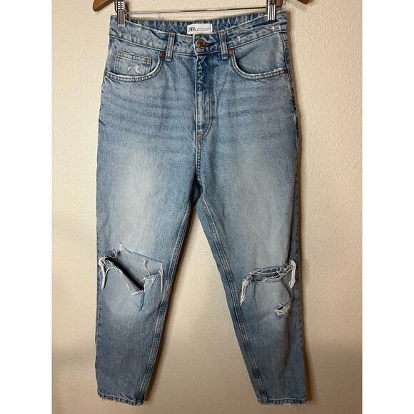 Zara blue ripped distressed high rise button fly straight leg jeans 6 - Picture 1 of 6